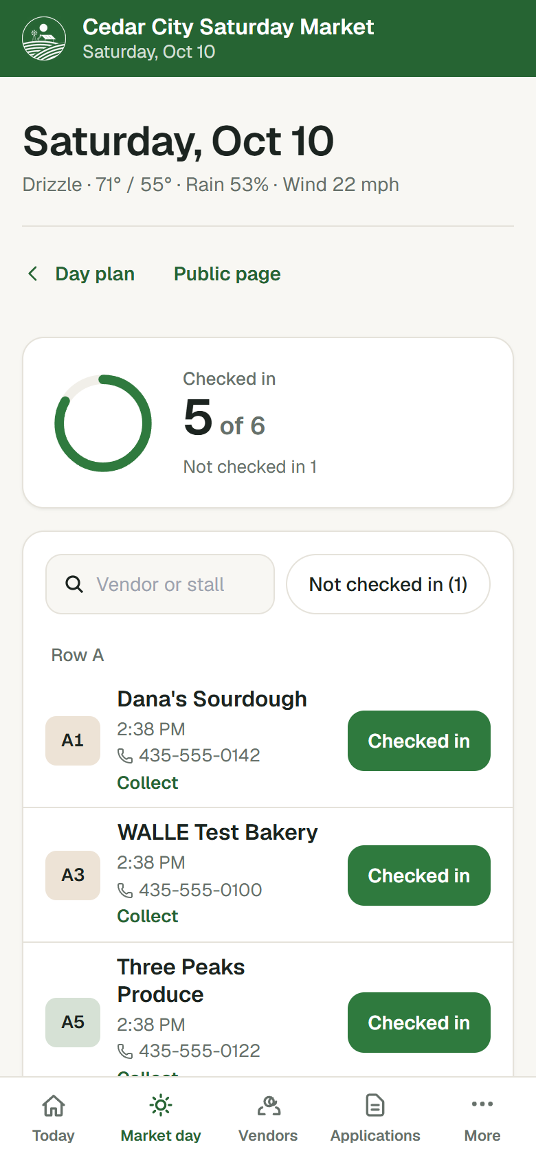 The market-day board on a phone: 5 of 6 vendors checked in, and the check-in list