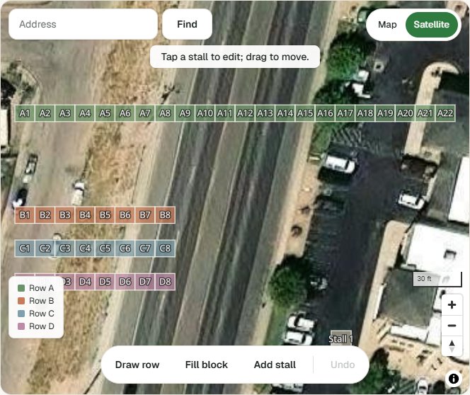 A row of 22 stalls and a block of 24 laid over a satellite view of Main Street