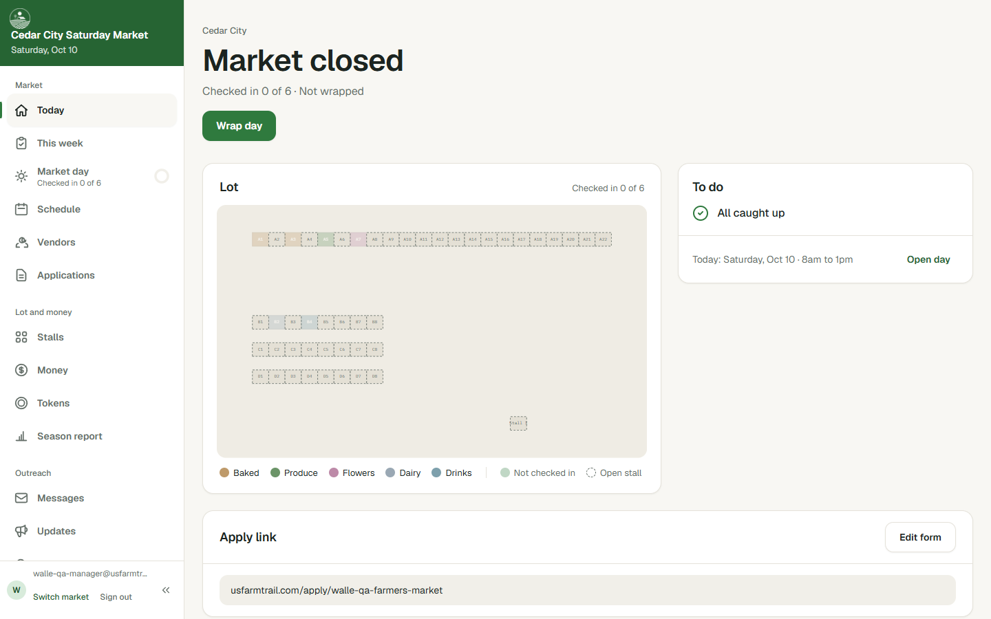 The Today page: the market day headline, the lot drawing with tents, and the to-do list