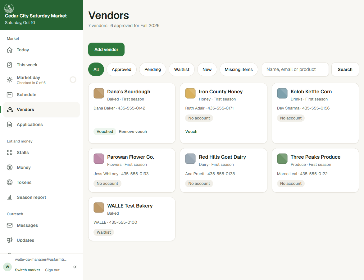 The vendor roster: six vendors, each with a category and a contact